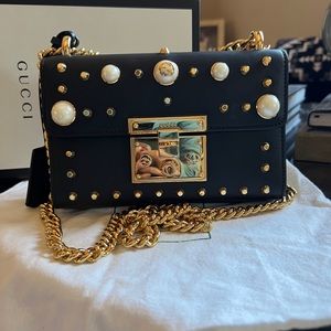 Gucci black calfskin pearl & gold studded padlock bag